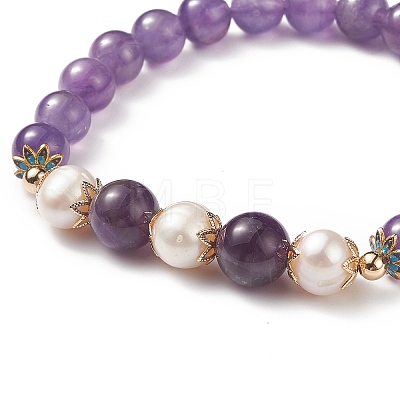 Natural Gemstone & Pearl & Brass Flower Beaded Stretch Bracelet for Women BJEW-JB09010-1