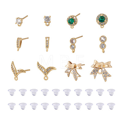 Fashewelry 12Pcs 6 Style Brass Micro Pave Cubic Zirconia Stud Earring Findings KK-FW0001-10-1