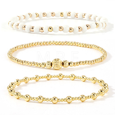 3Pcs Glass & Brass Round Beads Stretch Bracelets HD9470-8-1
