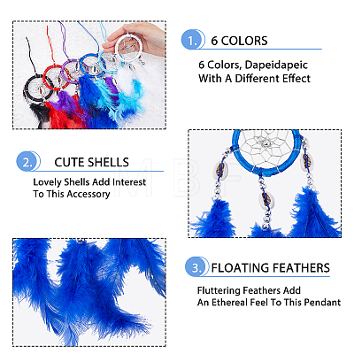 6Pcs 6 Colors Woven Net/Web with Feather Pendant Decoration HJEW-FH0001-33-1