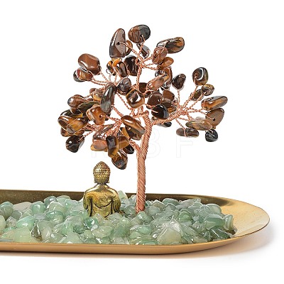 Natural Tiger Eye Money Tree Buddha Sculpture Set Incense Burner & Natural Green Aventurine on Trays for Wealth DJEW-G027-19RG-05-1