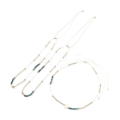 Adjustable Miyuki Seed & Natural African Turquoise & Brass Evil Eye Beaded Necklaces NJEW-O127-03-1