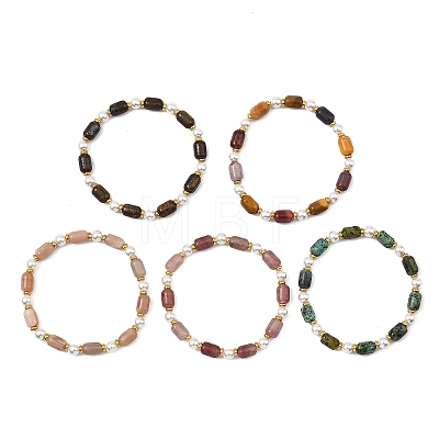 Natural Sunstone/Natural Strawberry Quartz/Natural African Turquoise(Jasper)/Natural Bronzite/Natural Mookaite & Shell Pearl & Brass Beads Stretch Bracelets for Women BJEW-JB13864-1