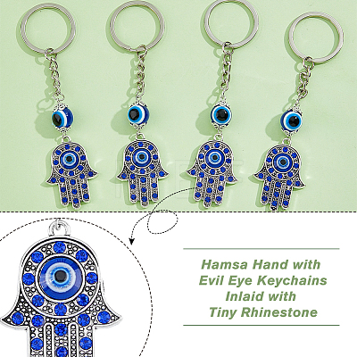 DICOSMETIC 12Pcs Hamsa Hand with Evil Eye Alloy Rhinestones Keychains KEYC-DC0001-25-1