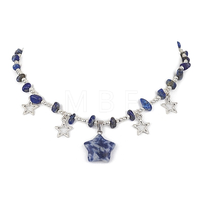 Natural Blue Spot Jasper & Alloy Star Charms Bib Necklace with Chips Beaded Chains NJEW-JN04512-01-1
