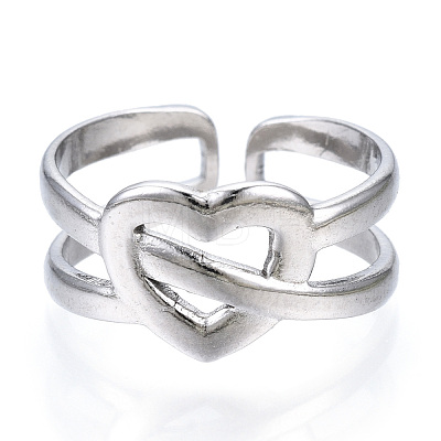 304 Stainless Steel Heart Open Cuff Ring RJEW-N040-15-1