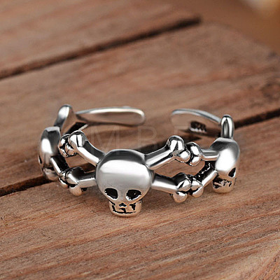 Thailand Sterling Silver Skull Spider Open Cuff Finger Ring SKUL-PW0002-042S-1
