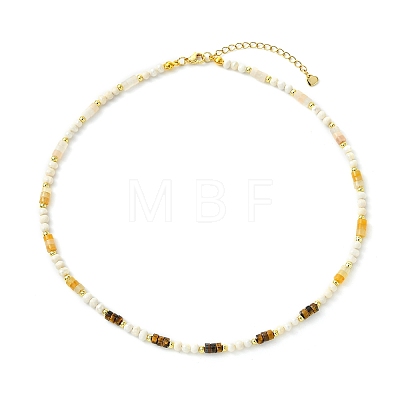 Natural Pink Aventurine & Yellow Aventurine & Tiger Eye Heishi Beads and Natural Cultured Freshwater Pearl Rice Beaded Necklaces for Women NJEW-JN06294-03-1