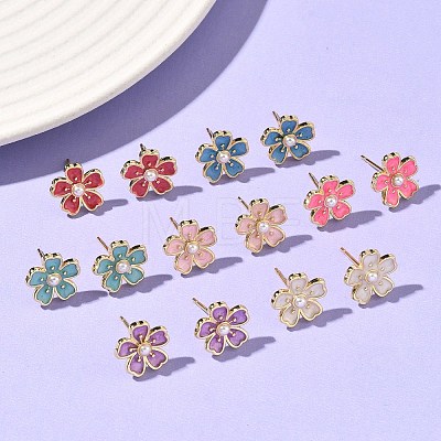 Flower Brass & ABS Plastic Pearl Stud Earrings EJEW-P336-07G-1