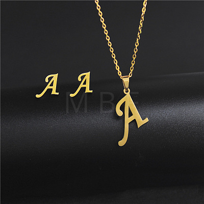 304 Stainless Steel Letter Pendant Necklaces & Stud Earrings Sets WG4BFDA-01-1