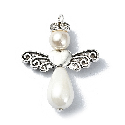 5Ppcs Shell Pearl Pendants with Tibetan Style Alloy Wings PALLOY-TA00102-S-1