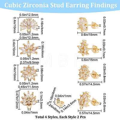 4 Pairs 4 Style Brass Cubic Zirconia Flower Stud Earring Findings EJEW-BBC0001-11-1