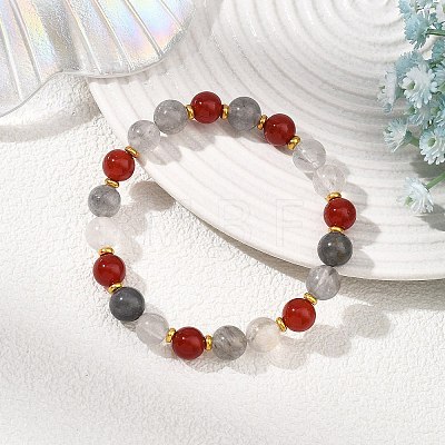 Round Natural Carnelian & Cloudy Quartz Beads & Brass Spacer Beads Beaded Stretch Bracelets for Women BJEW-JB14074-1
