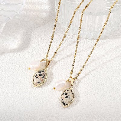 Rice Natural Pearl & Natural Dalmatian Jasper Faceted Horse Eye Pendant 304 Stainless Steel Satellite Chain Necklaces for Women NJEW-JN06261-02-1