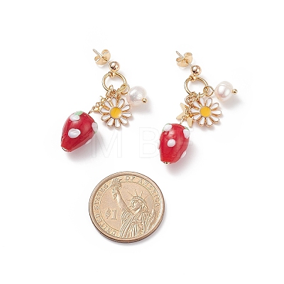 Natural Pearl & Alloy Enamel Flower & Lampwork Strawberry Dangle Stud Earrings EJEW-TA00143-1