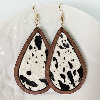 Leather & Wood Dangle Earrings WGC26EE-02-1