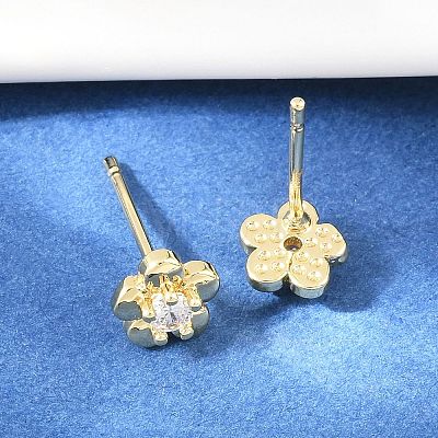 Brass Micro Pave Clear Cubic Zirconia Stud Earrings EJEW-F405-15G-1