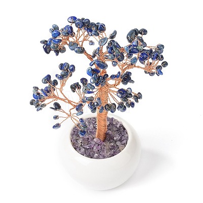 Natural Lapis Lazuli Chips with Brass Wrapped Wire Money Tree on Ceramic Vase Display Decorations DJEW-B007-02C-1