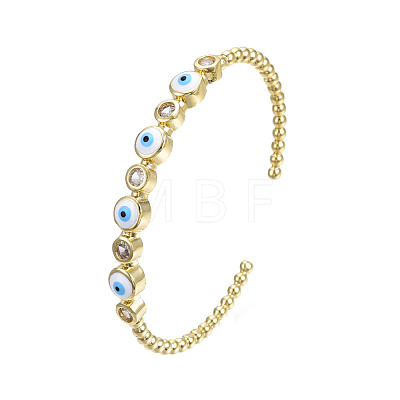 Enamel Flat Round with Evil Eye Open Cuff Bangle with Clear Cubic Zirconia BJEW-N012-021A-1