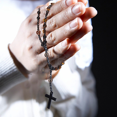 Natural Tiger Eye & Obsidian & Synthetic Hematite & Glass Round Rosary Bead Necklaces NJEW-DC00011-1
