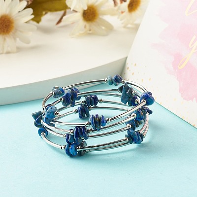5-Loop Natural Lapis Lazuli Chip Beaded Wrap Bracelets for Women BJEW-JB01517-10-1