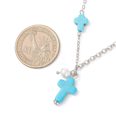 Synthetic Dyed Synthetic Turquoise Cross and Round Shell Pearl Pendant Brass Cable Chain Rolo Chain Necklaces for Women NJEW-JN05793-1
