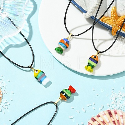 Handmade Lampwork Fish Pendant Black Waxed Cord Necklaces NJEW-JN06331-1