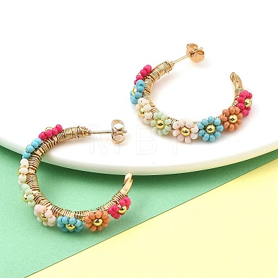 304 Stainless Steel & Bohemian Beaded C-Shaped with Flower Stud Earrings for Women EJEW-R001-03G-01-1