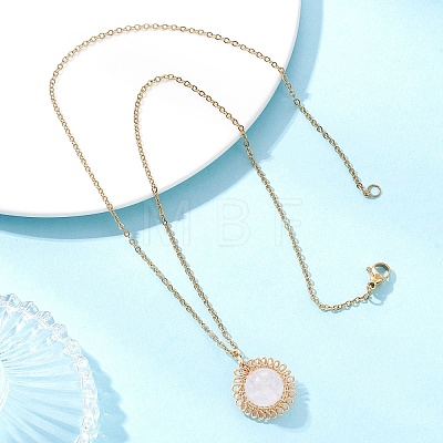 Natural Rose Quartz Copper Wire Wrapped Flower Pendant 304 Stainless Steel Cable Chain Necklaces for Women NJEW-JN05616-02-1