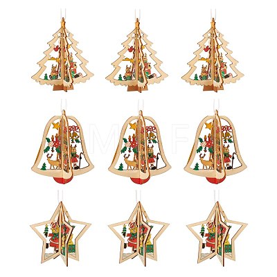 9Pcs 3 Styles Wooden Christmas Mixed Shapes Ornaments DIY-SZ0003-41-1