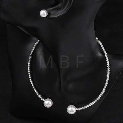 Round Plastic Imitation Pearl Stud Earrings & Rhinestone Cuff Choker Necklaces Sets SJEW-U003-04P-1