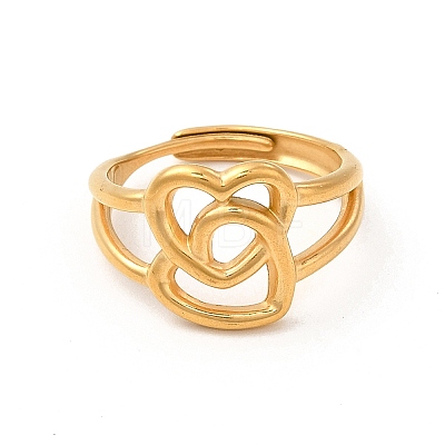 Vacuum Plating 304 Stainless Steel Double Heart Adjustable Ring for Women RJEW-P081-02G-1