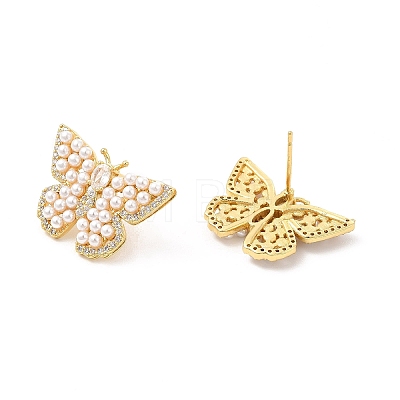 Clear Cubic Zirconia Butterfly Stdud Earrings with ABS Pearl Beaded EJEW-P213-06G-1