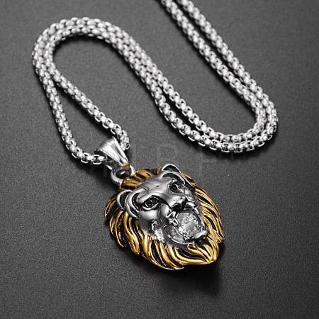 304 Stainless Steel Pave Clear Cubic Zirconia Lion Head Pendant Box Chain Necklaces FS-WG6581A-04-1