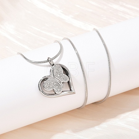 304 Stainless Steel Micro Pave Clear Cubic Zirconia Butterfly Heart Pendant Pet Urn Ashes Necklaces LS-NJEW-S455-10P-1