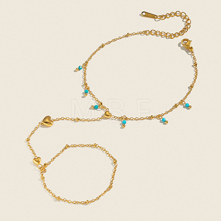 Synthetic Turquoise Round Tassel 304 Stainless Steel Heart Hand Chain Ring Bracelets for Women NM6951-1