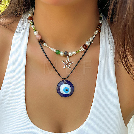 Glass Seed Beads & Acrylic Pendant Wax Cord Double Layer Necklaces FS-WG27ECA-07-1