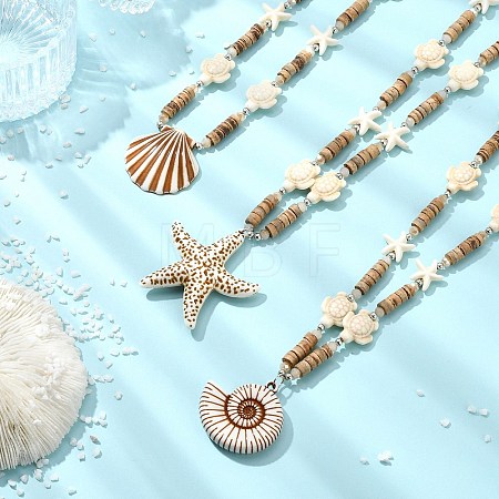 3Pcs 3 Styles Ocean Theme Spray Painted Opaque Acrylic Starfish Shell Conch Shape Pendant Synthetic Turquoise & Coconut & Electroplate Glass Braided Bead Necklaces NJEW-JN06203-1