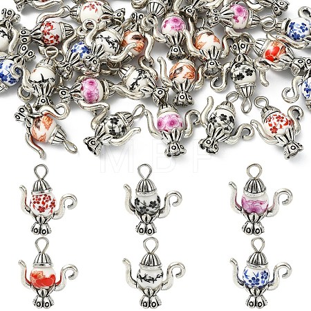 30Pcs 6 Styles Handmade Flower Printed Porcelain with Alloy Pendants PALLOY-YW00214-1