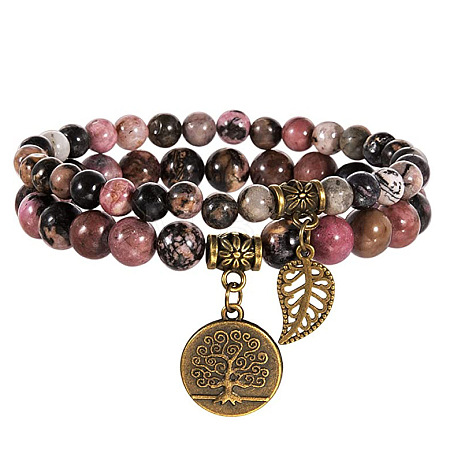 2Pcs Natural Rhodonite Round Beads Stretch Bracelets FS-WG435B7-06-1