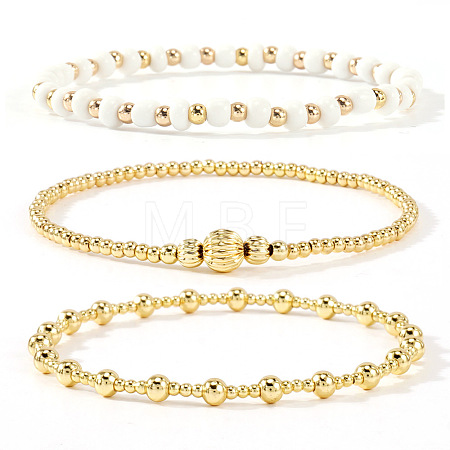 3Pcs Glass & Brass Round Beads Stretch Bracelets HD9470-8-1