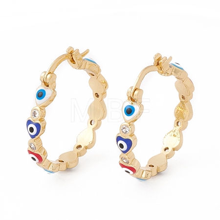 Colorful Heart with Evil Eye Enamel Hoop Earrings with Clear Cubic Zirconia KK-E005-18G-1