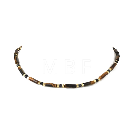 Column Natural Tiger Eye & Faceted Round Synthetic Blue Goldstone Beaded Necklaces NJEW-JN05663-1