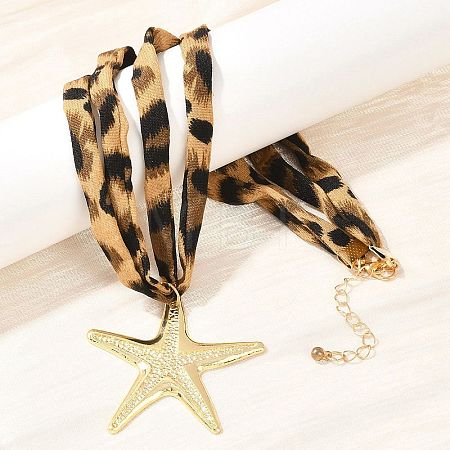 Ocean Alloy Starfish Pendant 2-Strand Leopard Print Polyester Cord Necklaces for Women NJEW-A066-06G-1