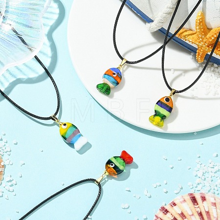 Handmade Lampwork Fish Pendant Black Waxed Cord Necklaces NJEW-JN06331-1