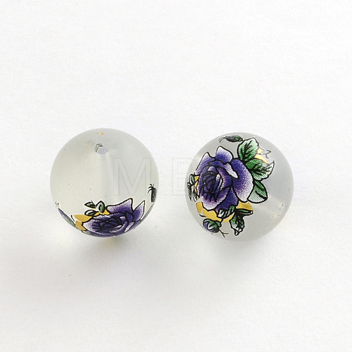 Flower Picture Frosted Transparent Glass Round Beads GFB-R004-14mm-H07-1
