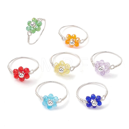 7Pcs 7 Styles Flower Glass Beads Finger Rings RJEW-JR00710-01-1