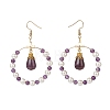 Shell Pearl & Natural Amethyst Beaded Big Ring with Teardrop Dangle Earrings EJEW-JE05044-2