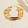 Vintage Dyed Natural Coffee Agate Rice Bead Charm Brass Embossed Coin Link Chain Bracelets for Women XX5921-5