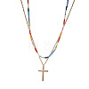 Bohemian 304 Stainless Steel Cross Pendant Rainbow Color Round Glass Seed Beaded Double Layer Necklaces for Women MU6538-2-5